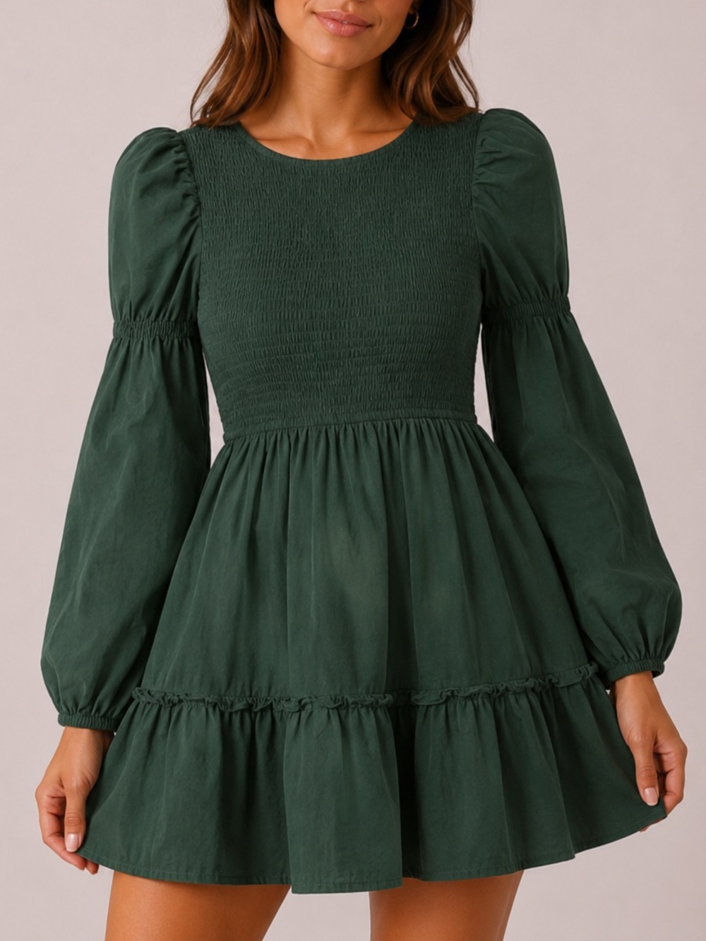 Day + Moon Babydoll Tiered Forest Green Long Sleeve Smocked Mini Dress Size S